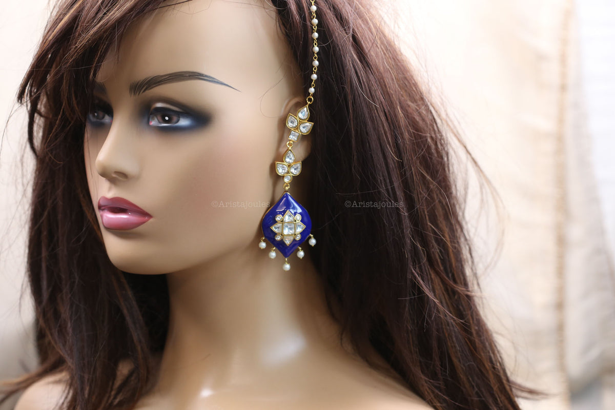 Deepa Enamel Jadau Kundan Earrings - Blue
