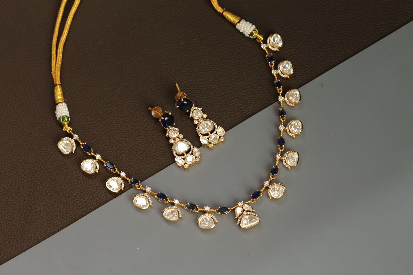 Meera Dainty Real Moissanite Necklace Set - Blue