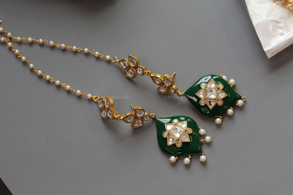 Deepa Enamel Jadau Kundan Earrings - Green