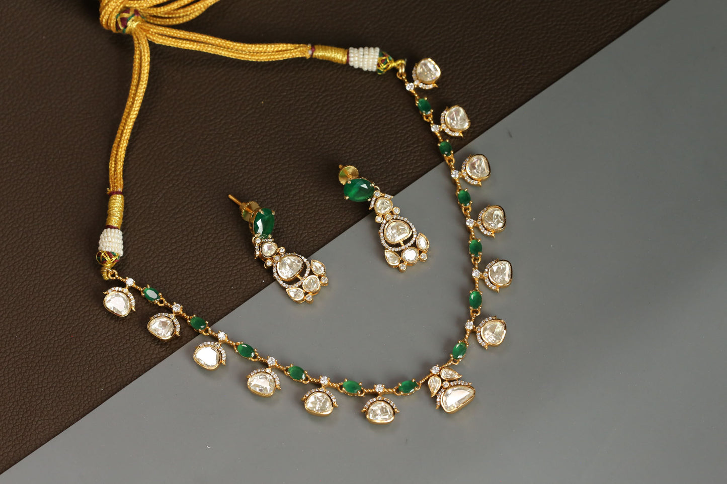 Meera Dainty Real Moissanite Necklace Set - Green