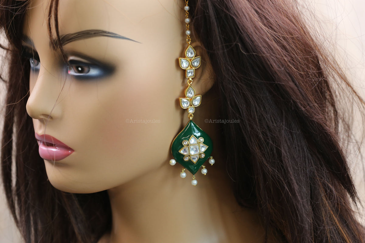 Deepa Enamel Jadau Kundan Earrings - Green
