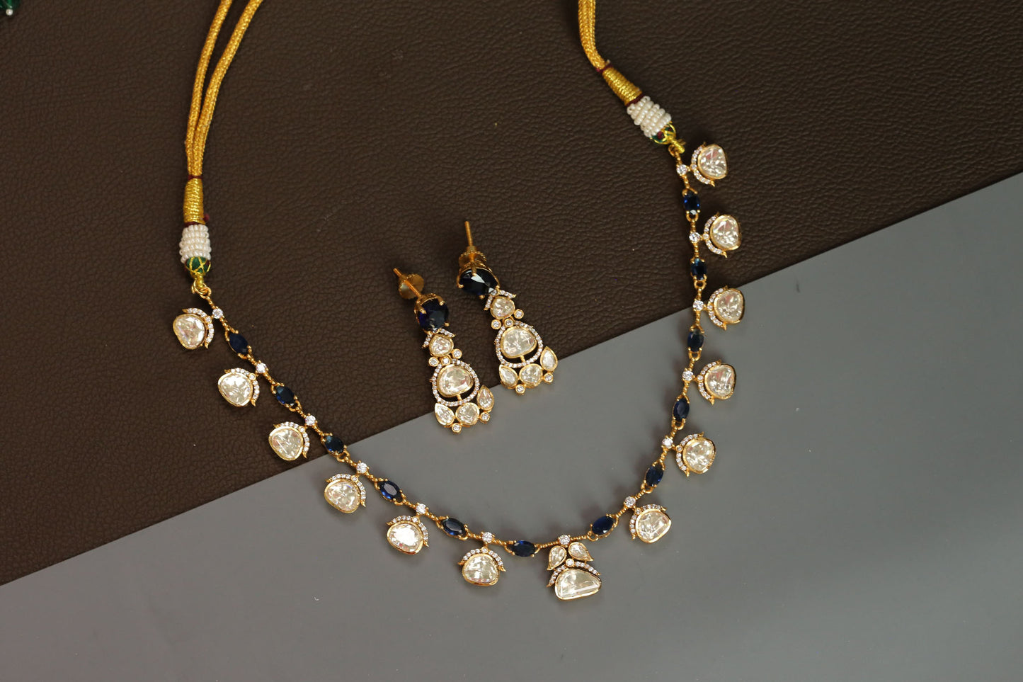 Meera Dainty Real Moissanite Necklace Set - Blue