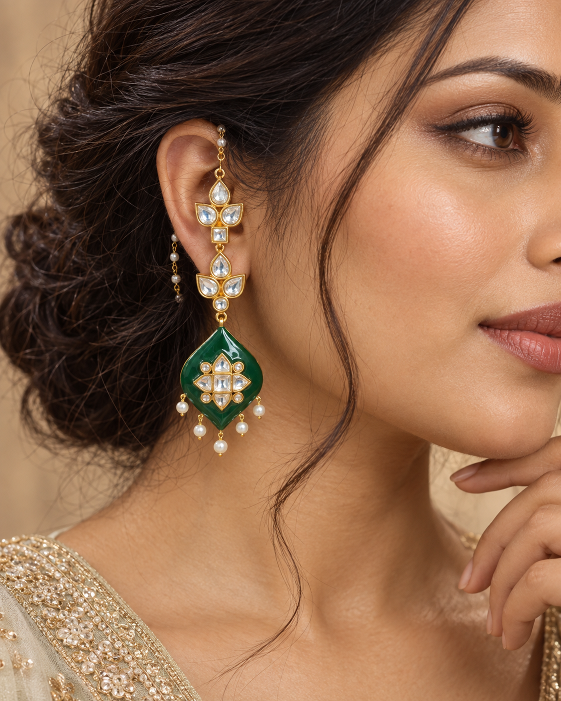 Deepa Enamel Jadau Kundan Earrings - Green