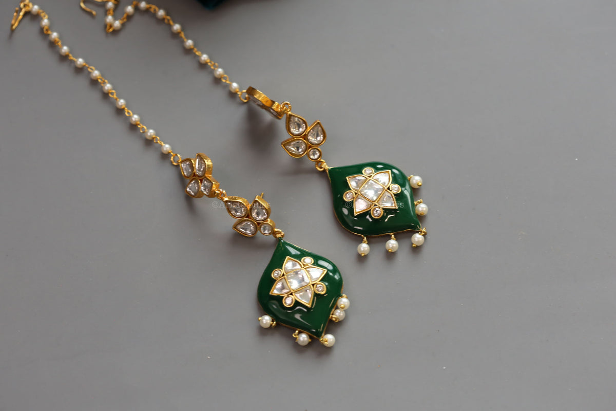 Deepa Enamel Jadau Kundan Earrings - Green