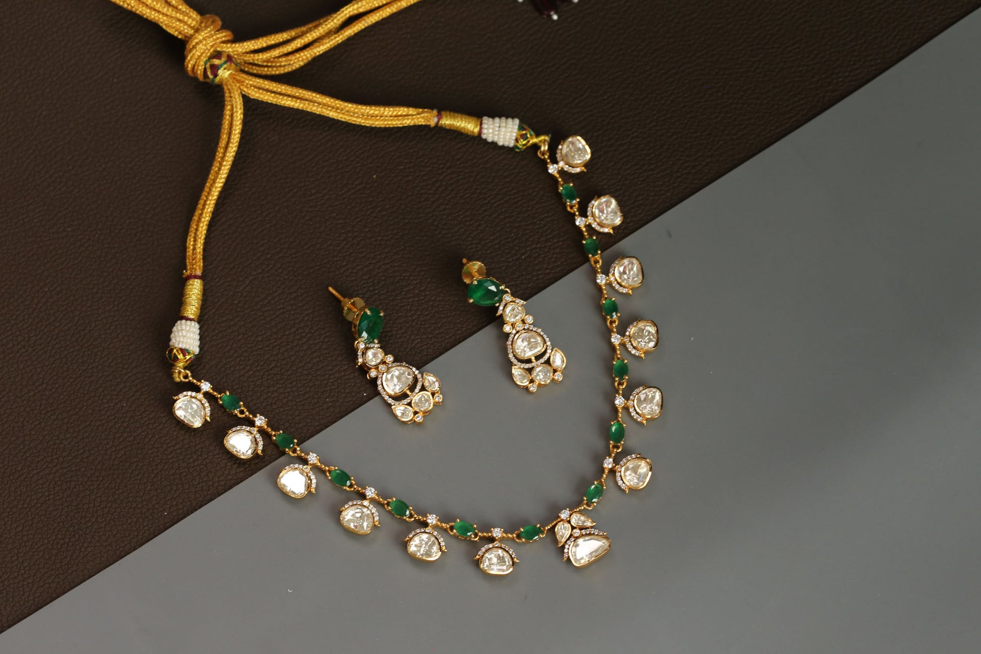 Meera Dainty Real Moissanite Necklace Set - Green