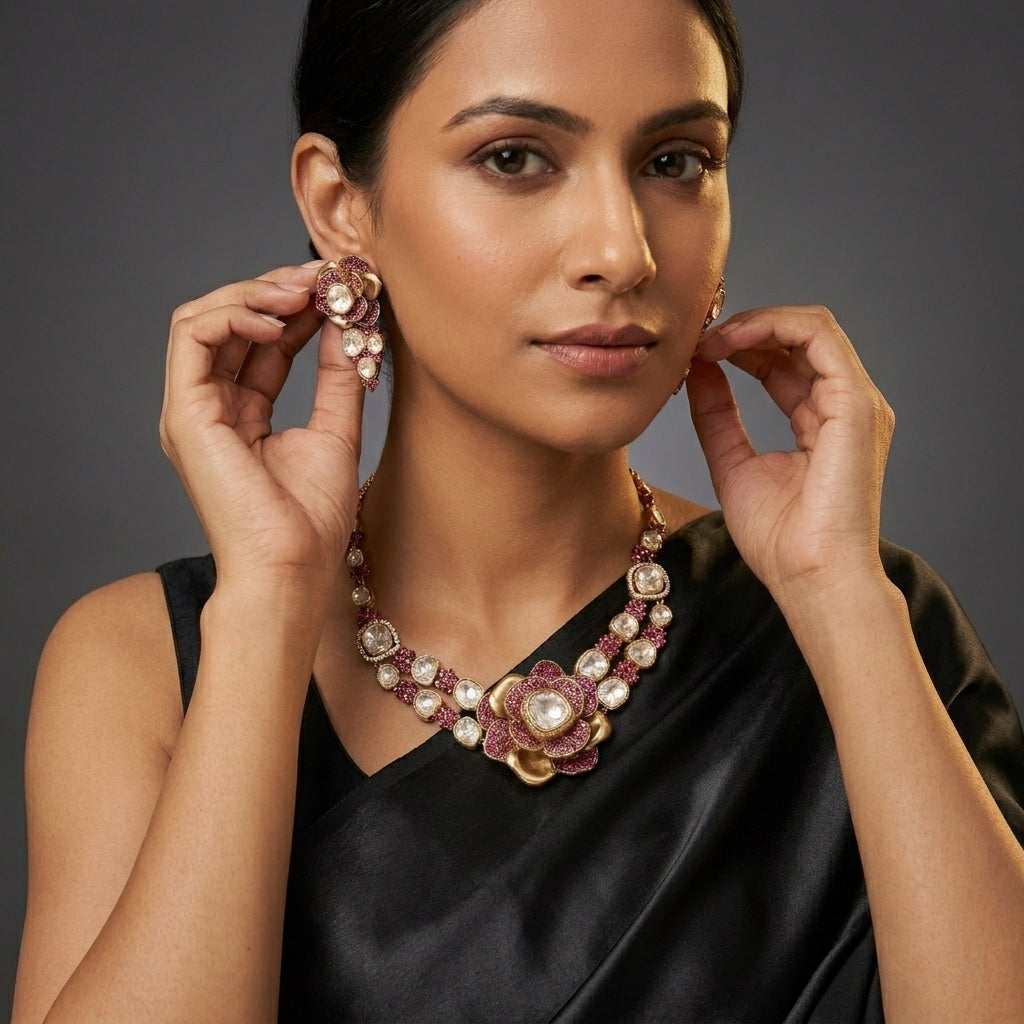 Contemporary 3D Look CZ & Polki Set Necklace Set - Ruby