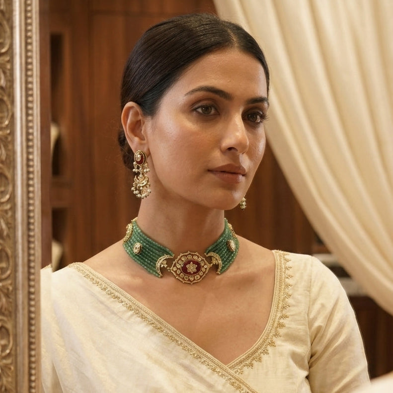 Sura Inlay Kundan Beaded Choker Set - Dark Green