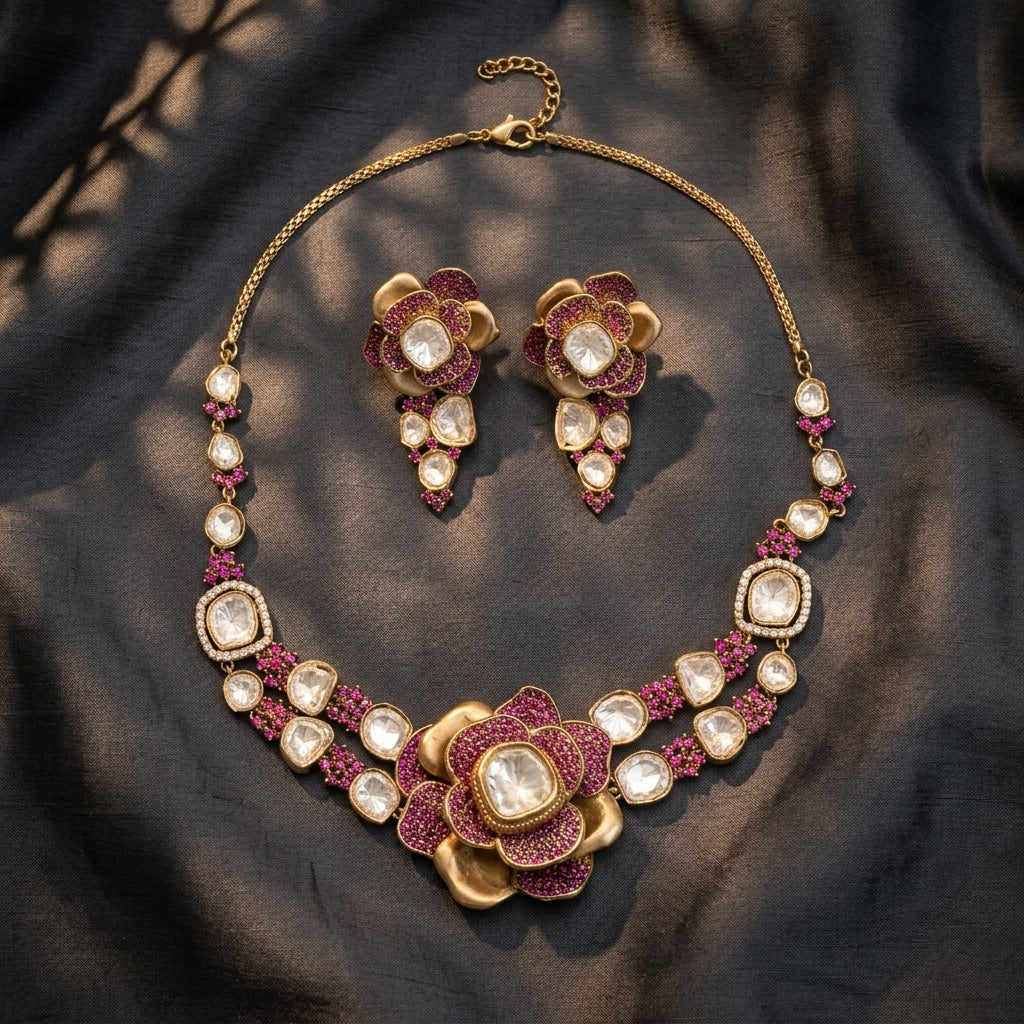 Contemporary 3D Look CZ & Polki Set Necklace Set - Ruby