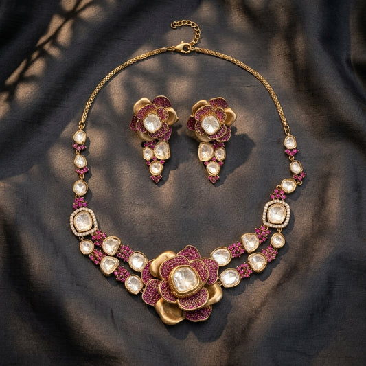 Contemporary 3D Look CZ & Polki Set Necklace Set - Ruby