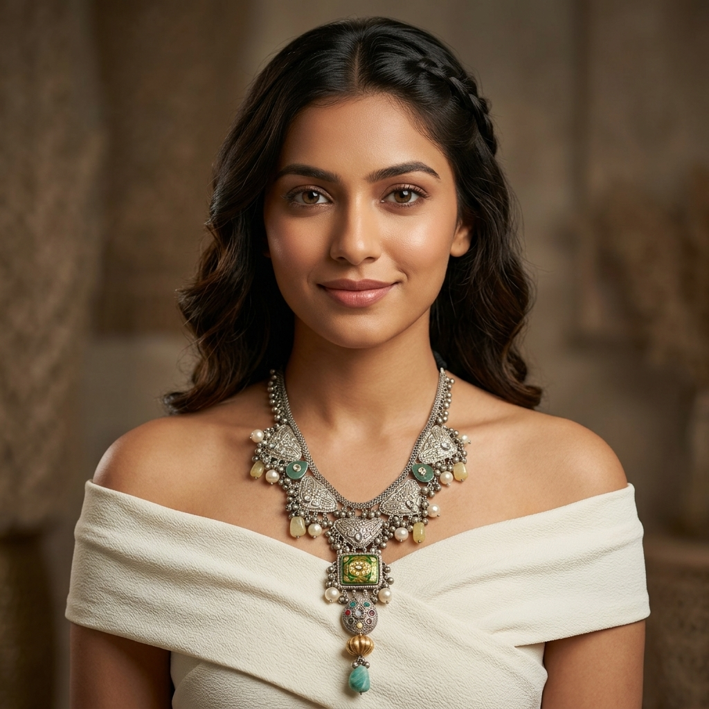 Lata Silver Polish Kundan & Semiprecious Stones Necklace