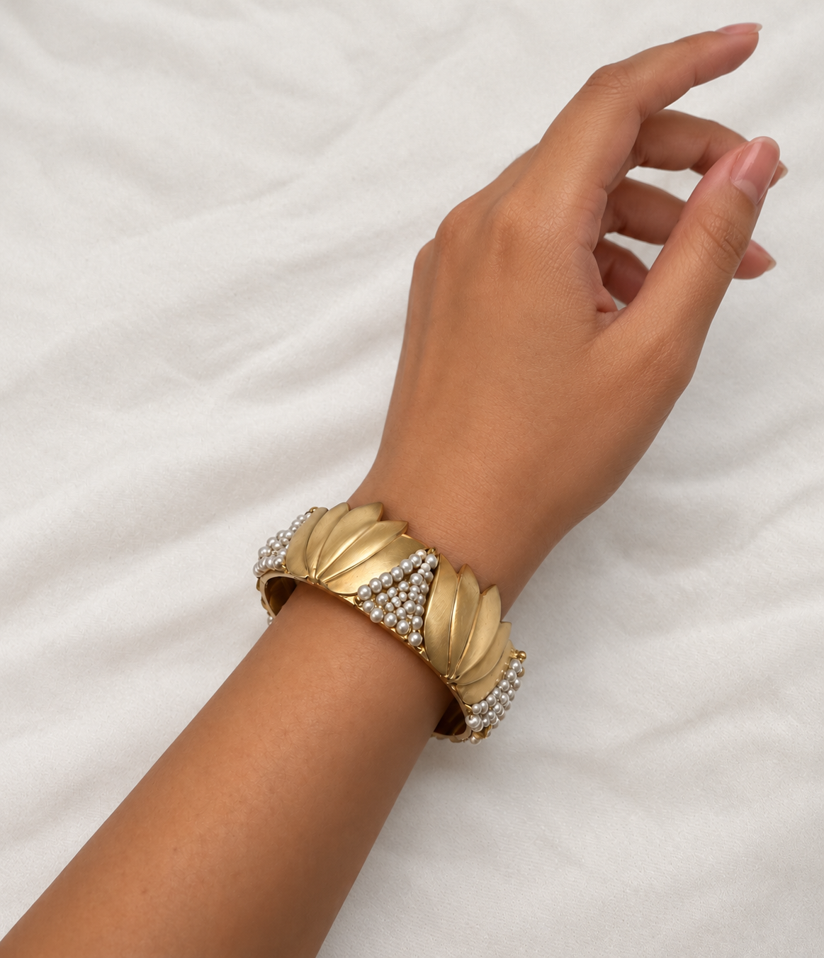 Vintage Lotus & Pearl Statement Bangle (Openable)
