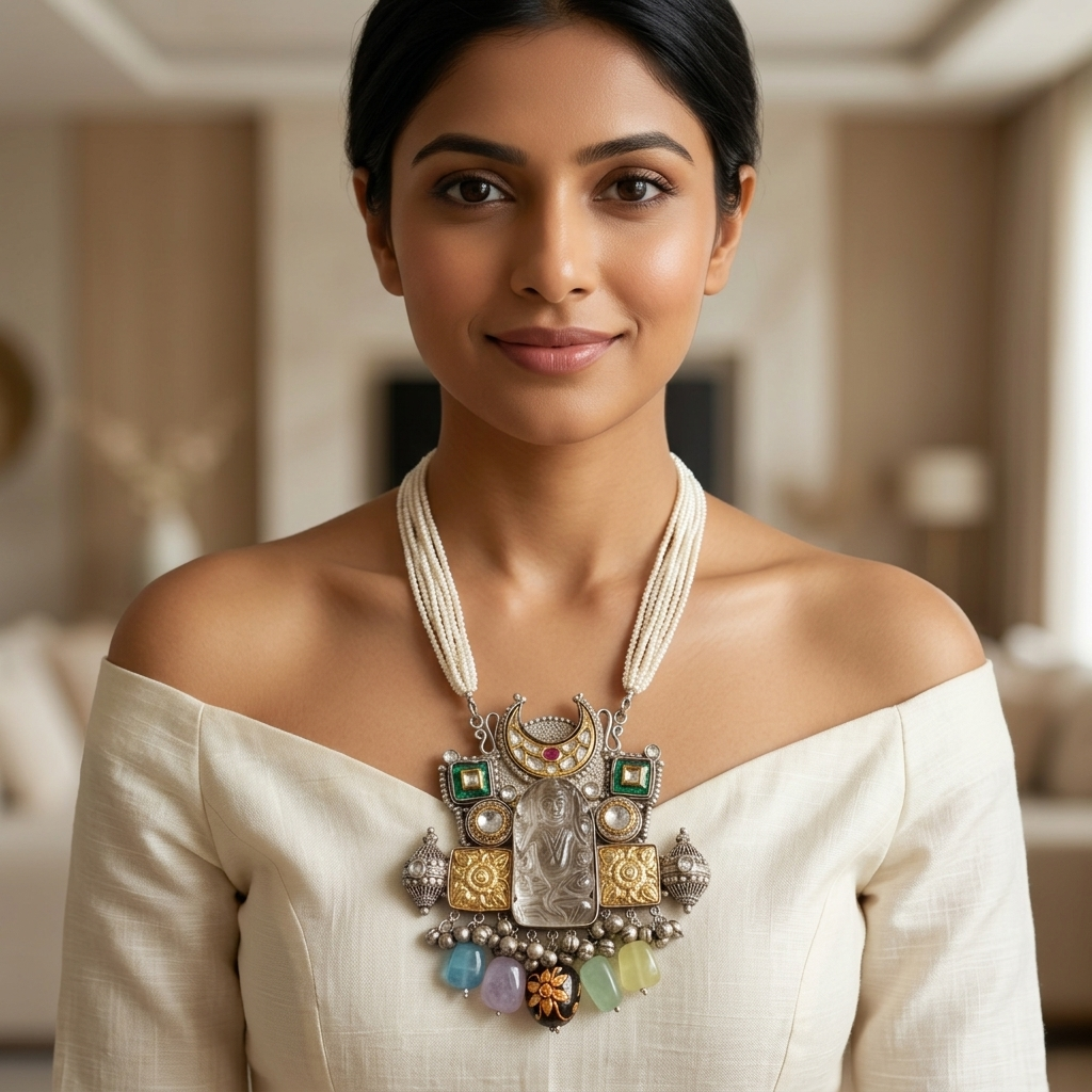 Silver Polish Kundan & Semiprecious Stones Necklace