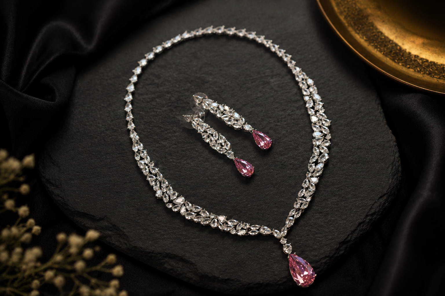 Dainty Solitaire Necklace Set - Pink Crystal