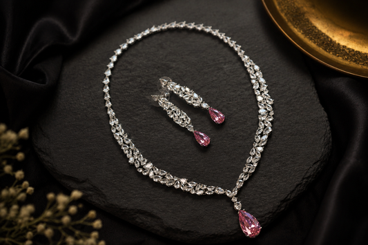 Dainty Solitaire Necklace Set - Pink Crystal