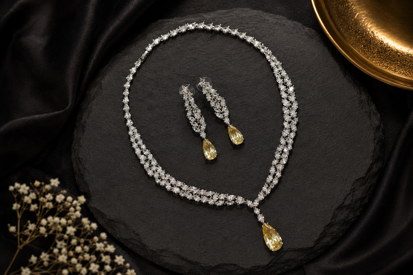 Dainty Solitaire Necklace Set - Yellow Crystal