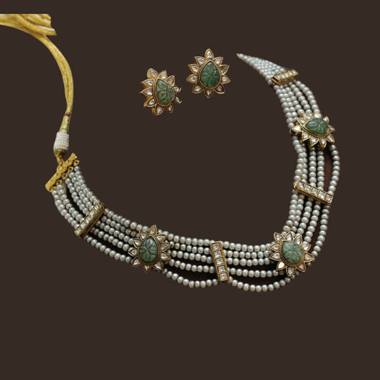 Carved Fluorite Kundan Jadau Necklace Set