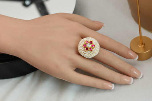 Kundan Polki Pearl Rings (Adjustable)