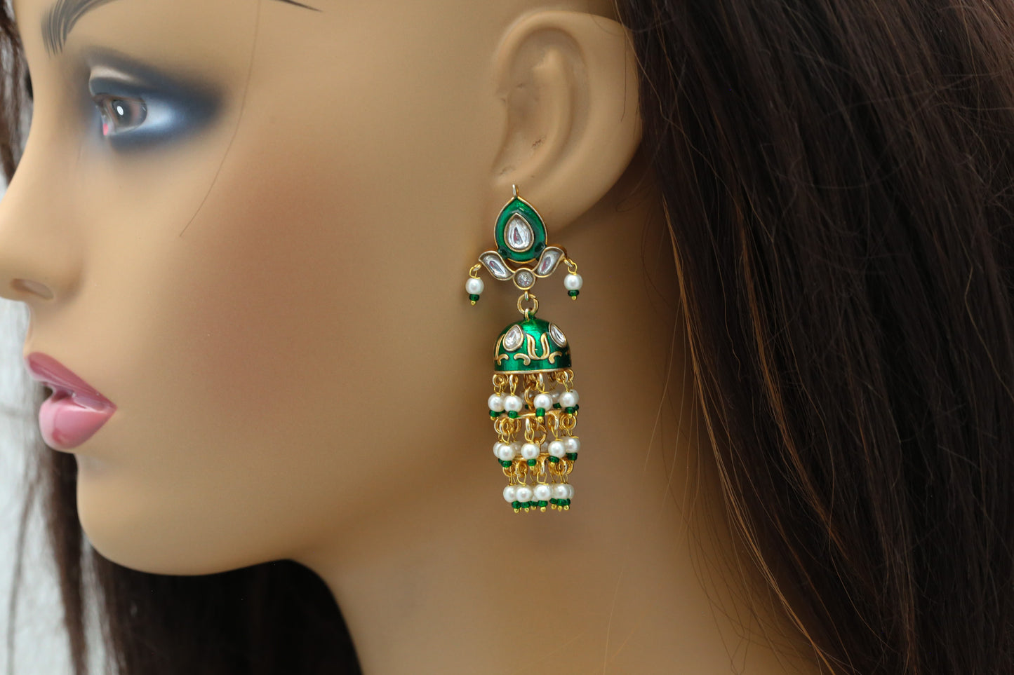 Jadau Kundan Meenakari Jhumka - Green