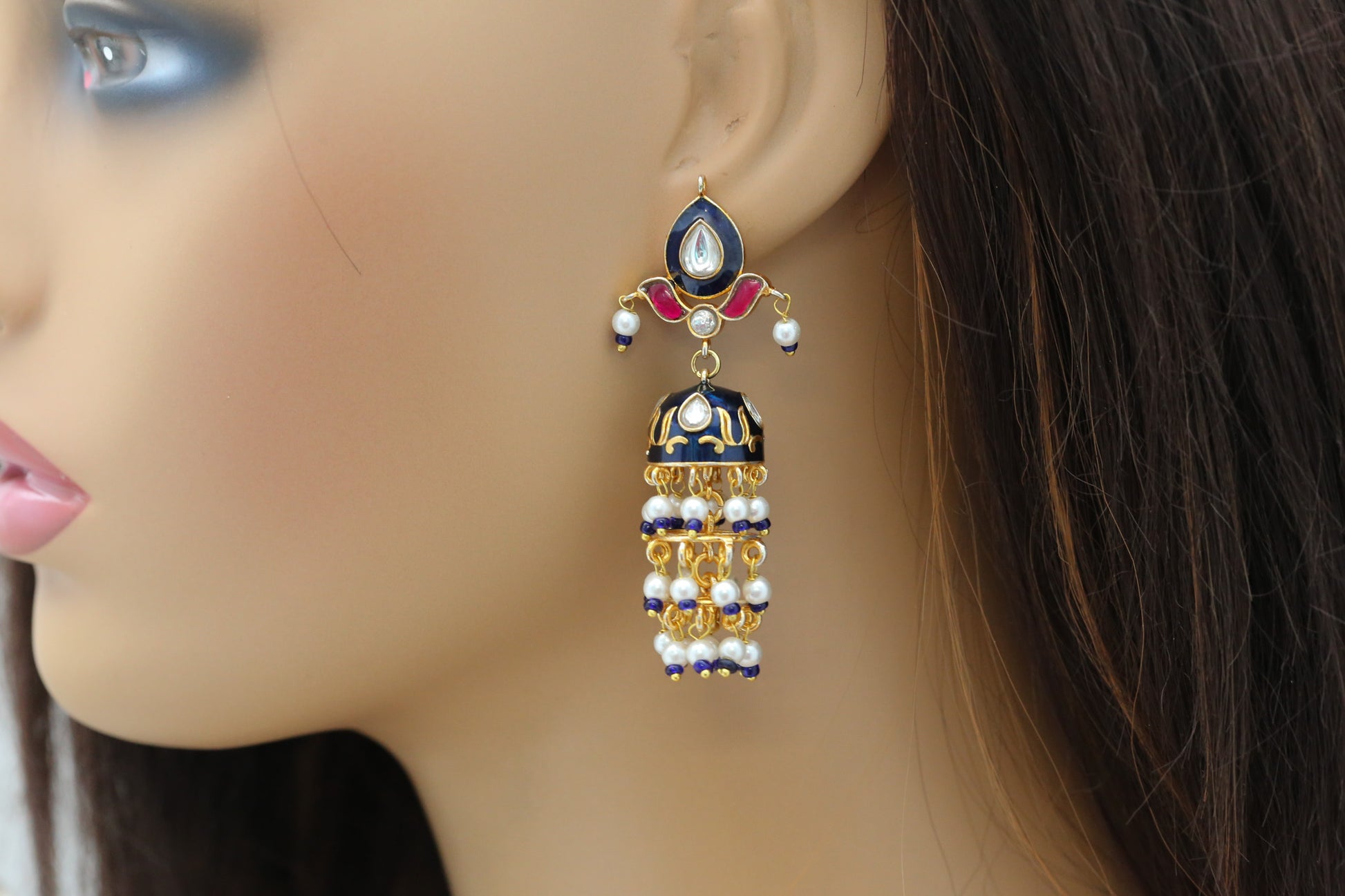 Jadau Kundan Meenakari Jhumka - Blue