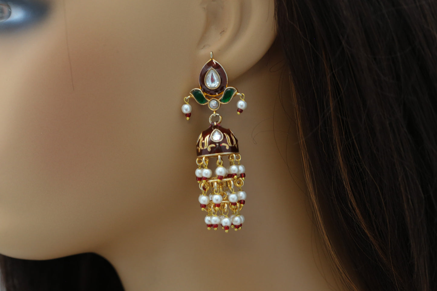 Jadau Kundan Meenakari Jhumka - Red
