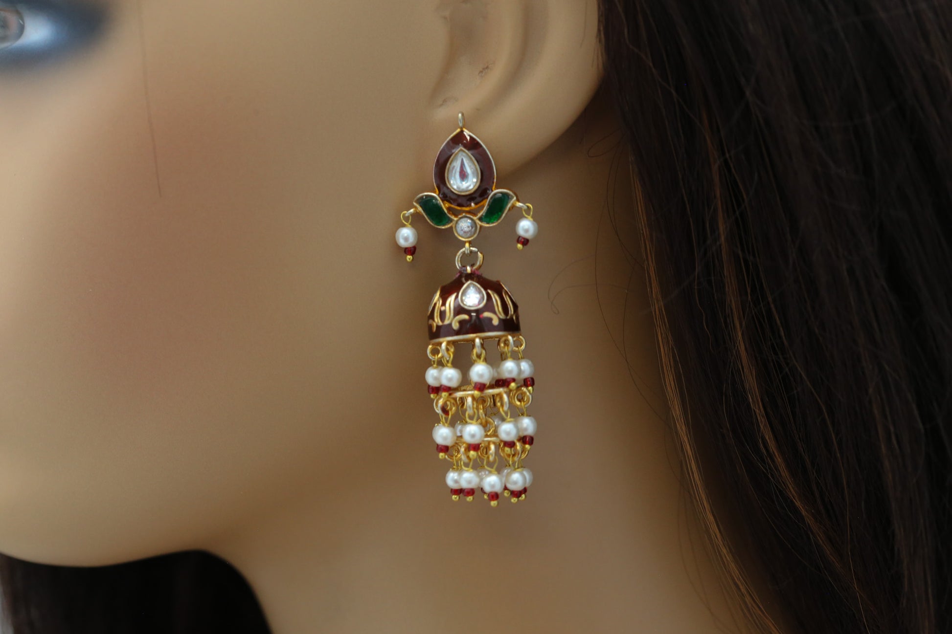 Jadau Kundan Meenakari Jhumka - Red