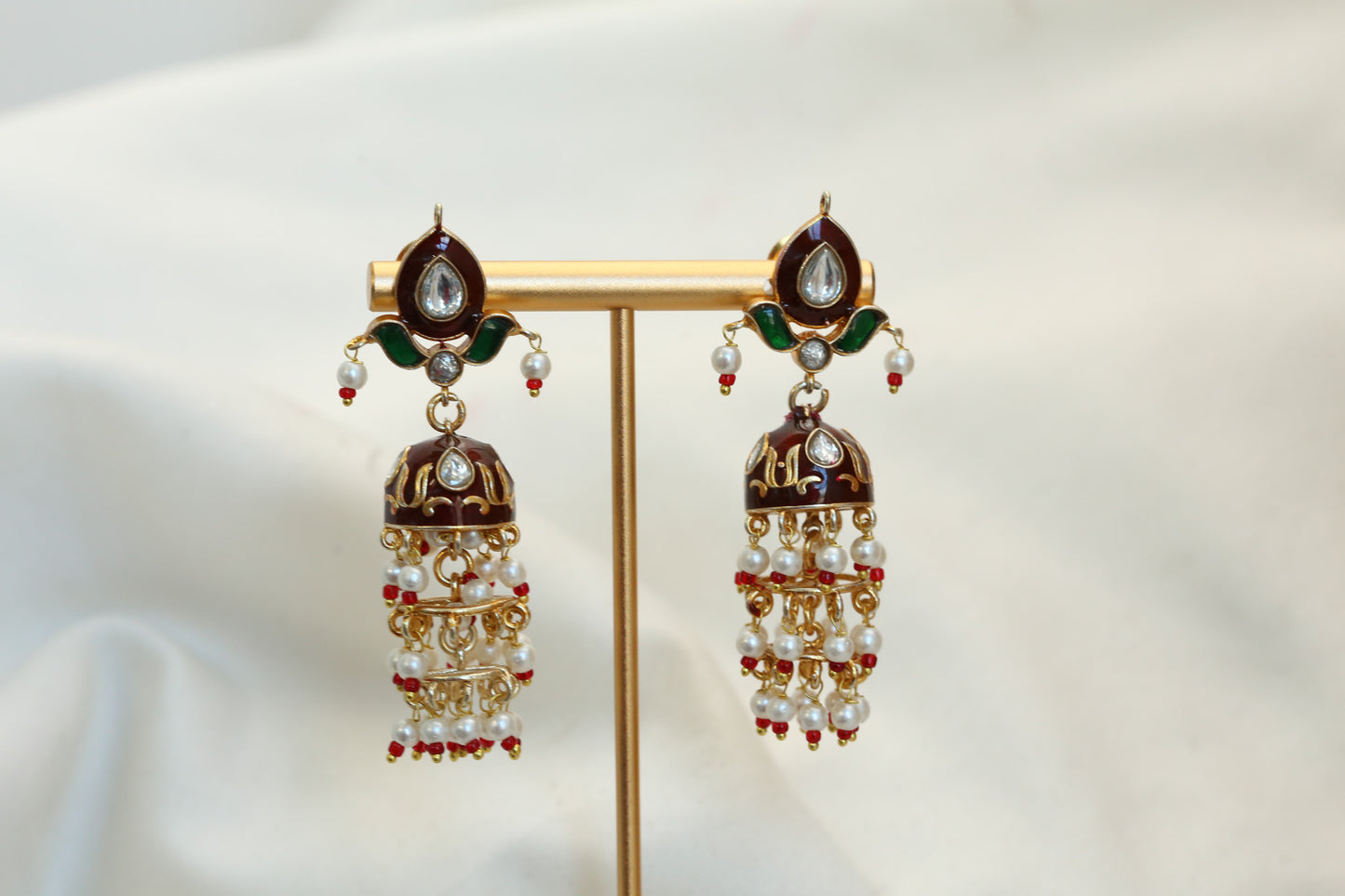 Jadau Kundan Meenakari Jhumka - Red