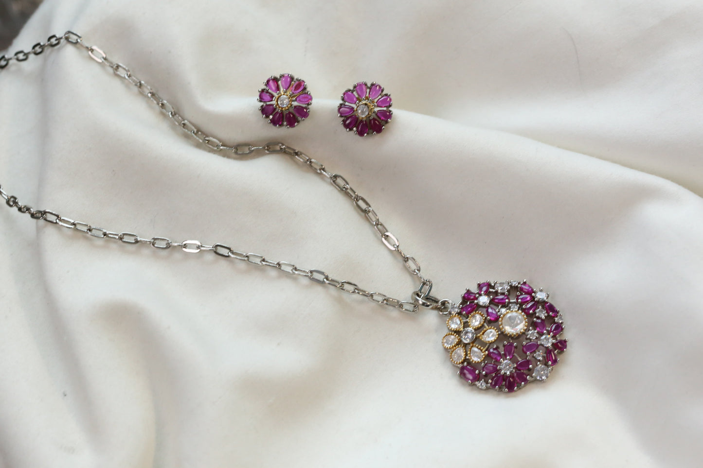 Nisha Dainty Dual Tone Pendant Set - Ruby