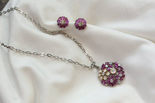 Nisha Dainty Dual Tone Pendant Set - Ruby