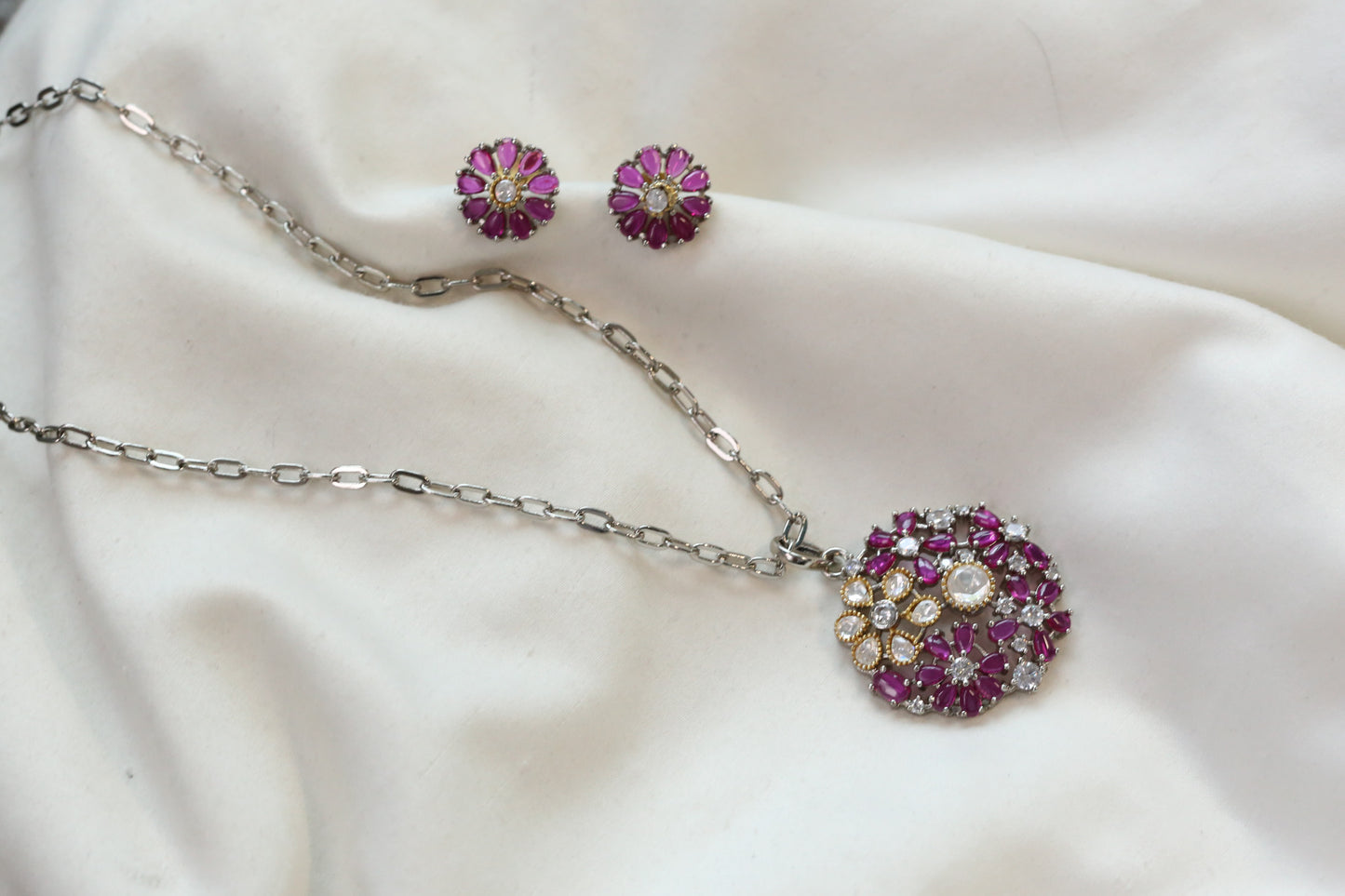 Nisha Dainty Dual Tone Pendant Set - Ruby