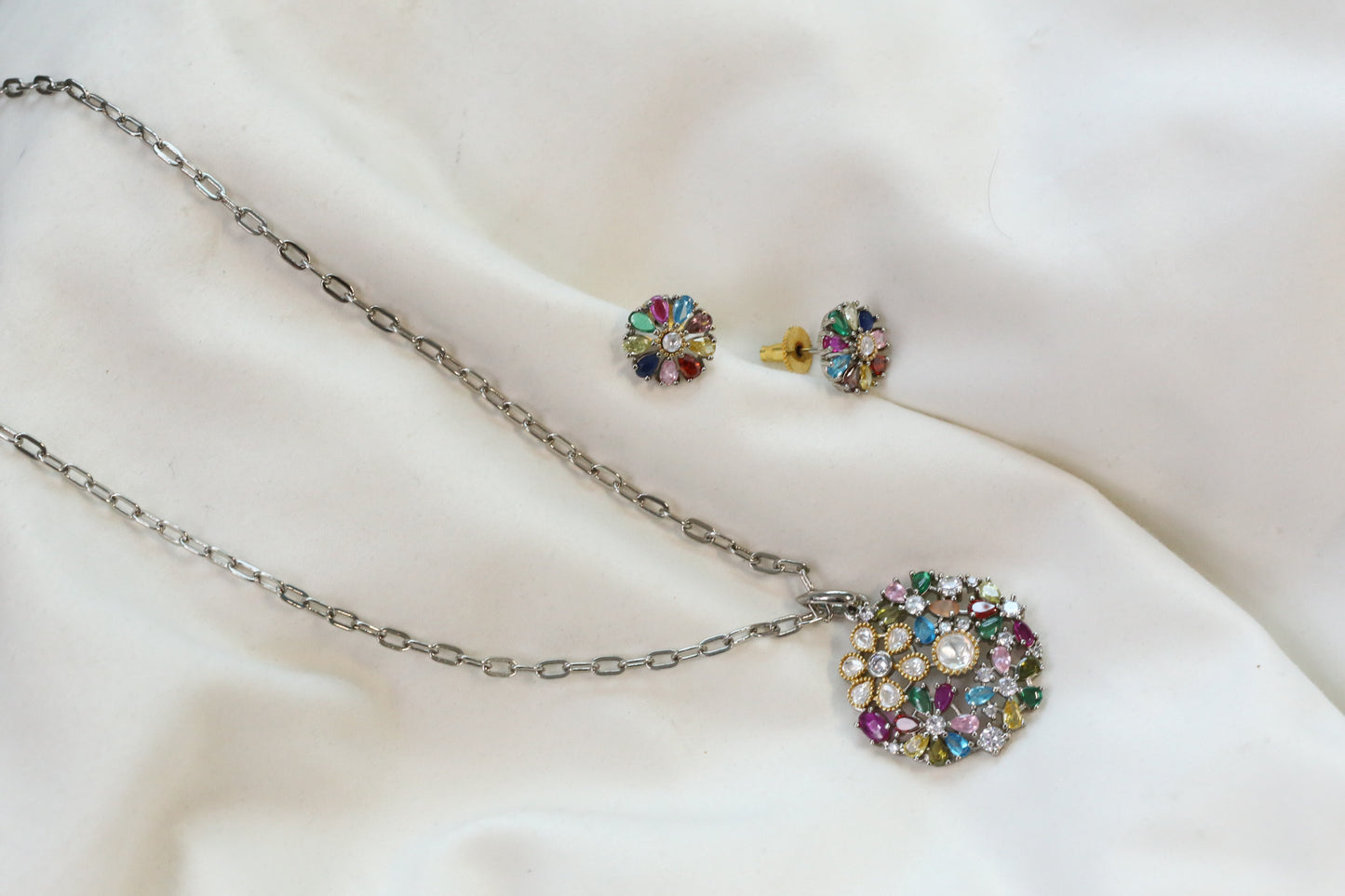 Nisha Dainty Dual Tone Pendant Set - Multi