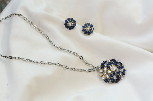 Nisha Dainty Dual Tone Pendant Set - Blue