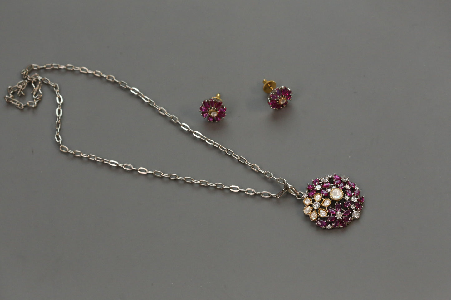 Nisha Dainty Dual Tone Pendant Set - Ruby