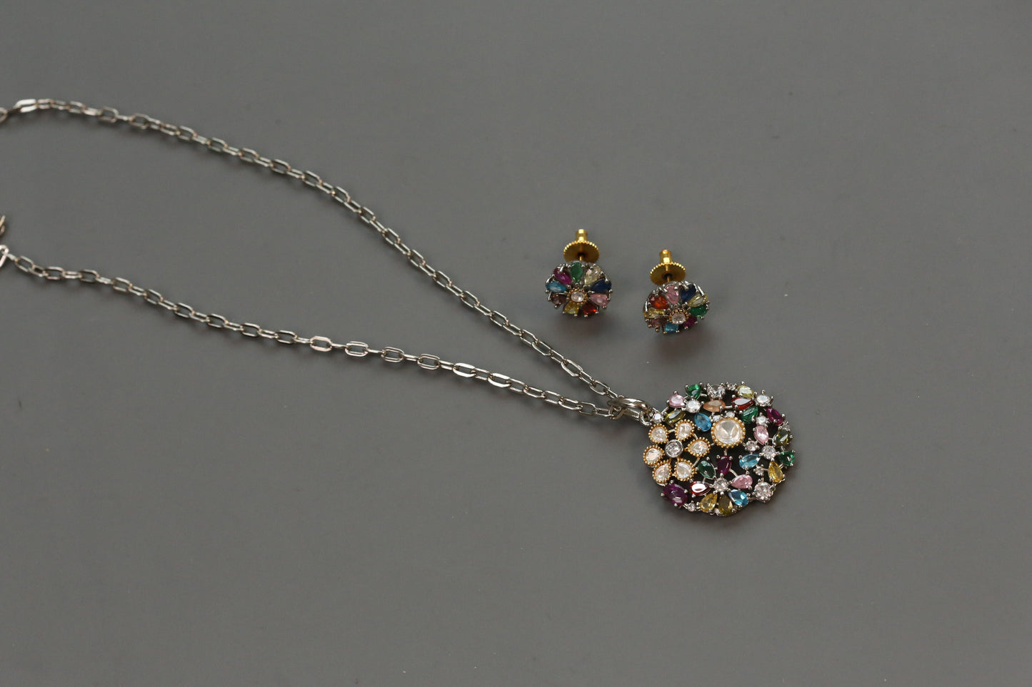 Nisha Dainty Dual Tone Pendant Set - Multi
