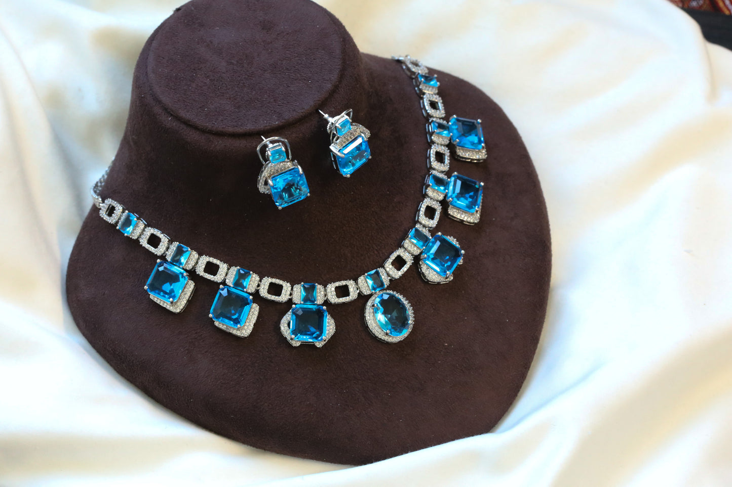 Premium Aqua Blue CZ Necklace Set