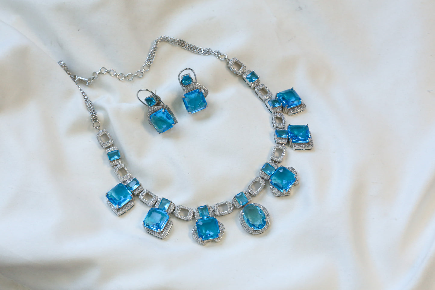 Premium Aqua Blue CZ Necklace Set