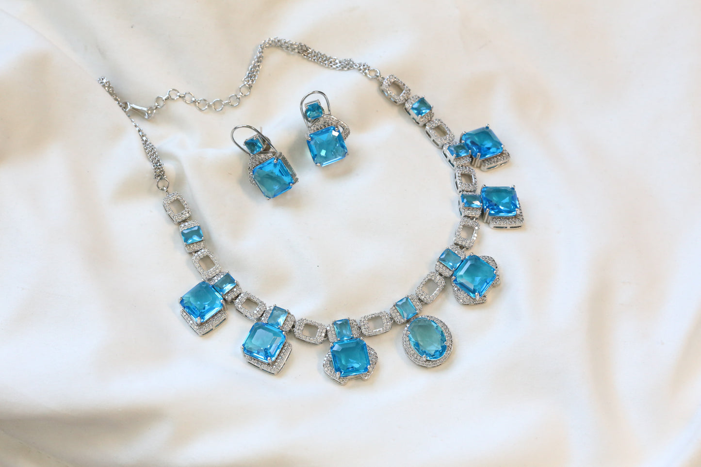 Premium Aqua Blue CZ Necklace Set