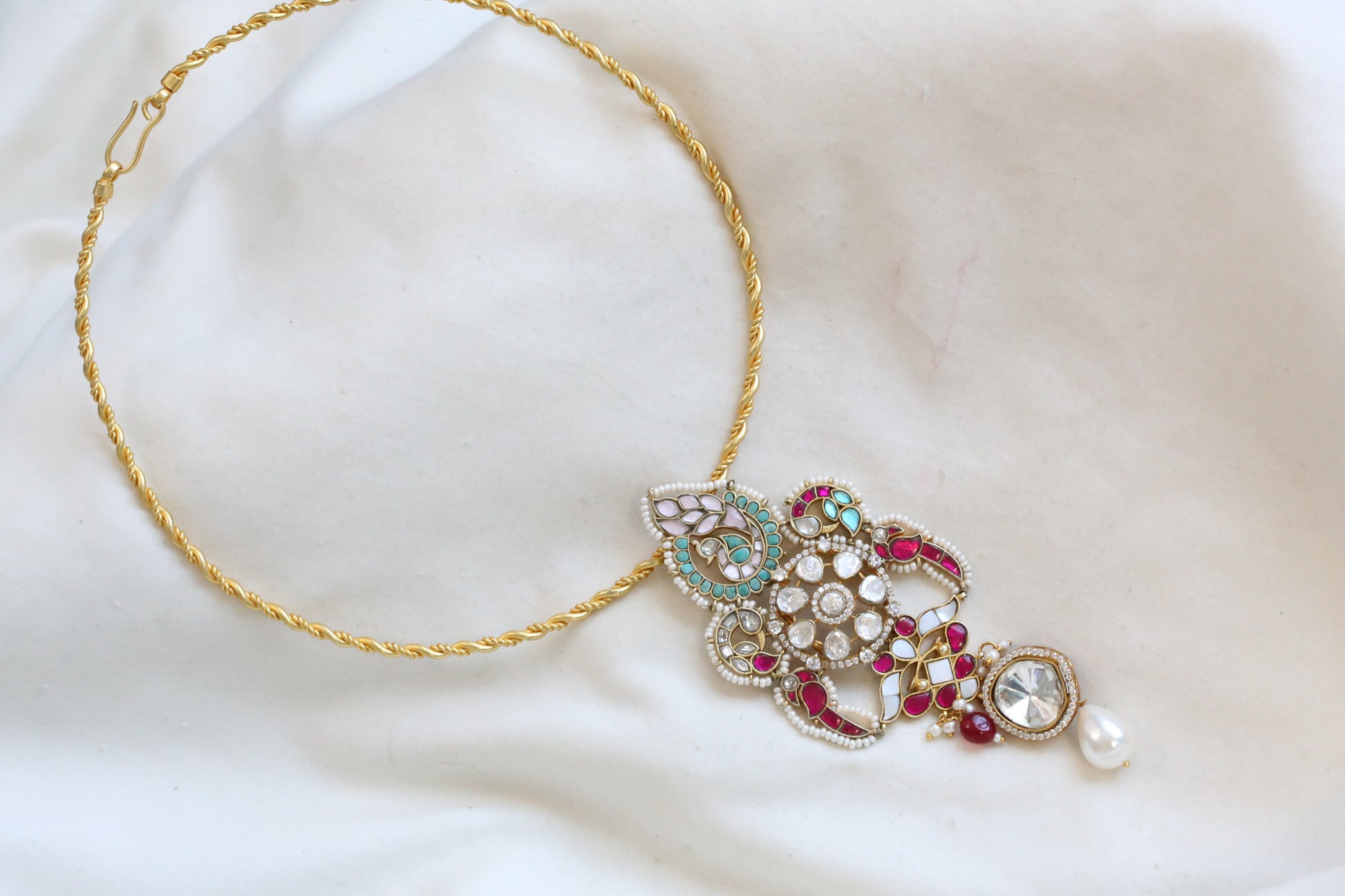 Isha Fusion Polki & Kundan Necklace (Removable Chain & Hasli)