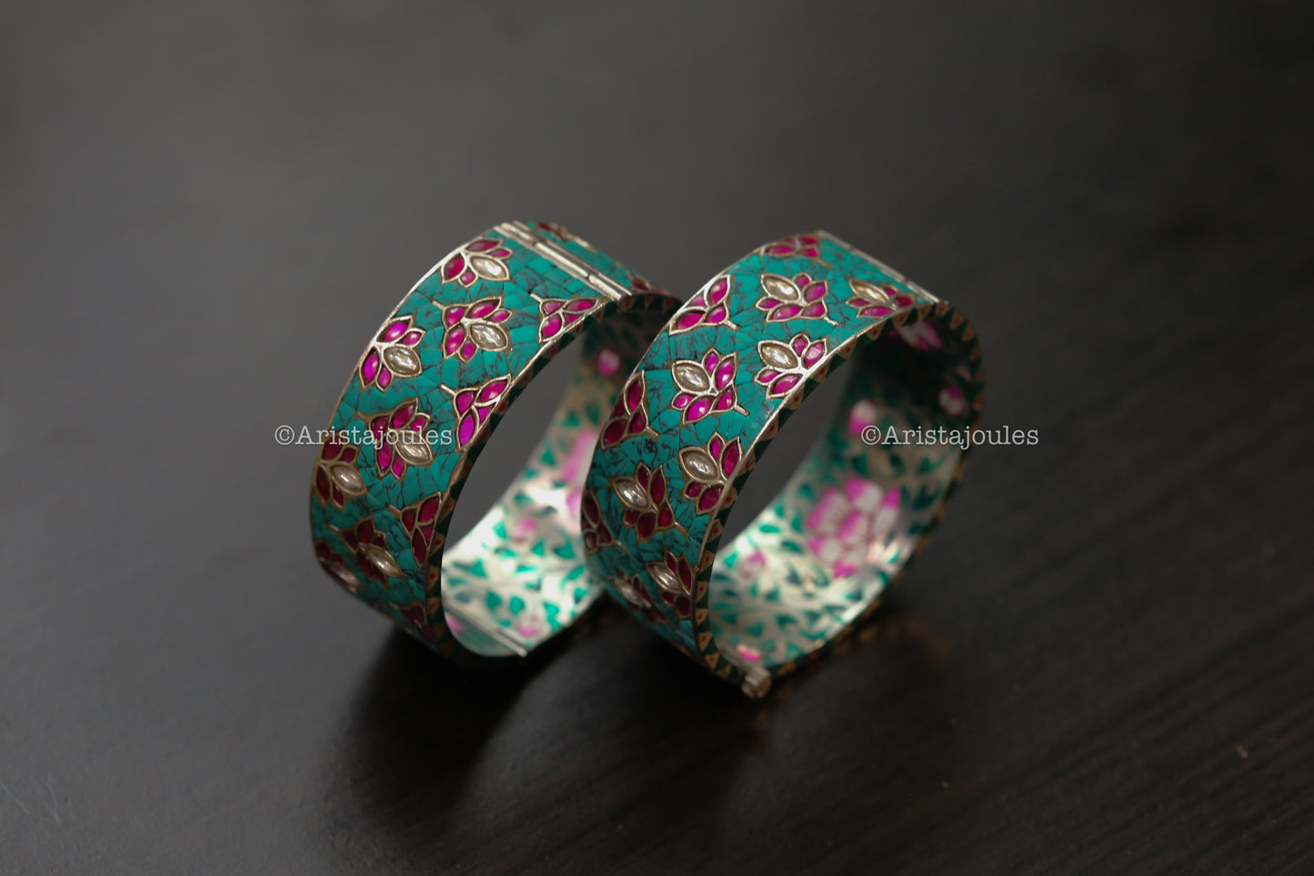 Zeenat Takkar Kundan Bangle Set (Openable) - Turquoise Silver