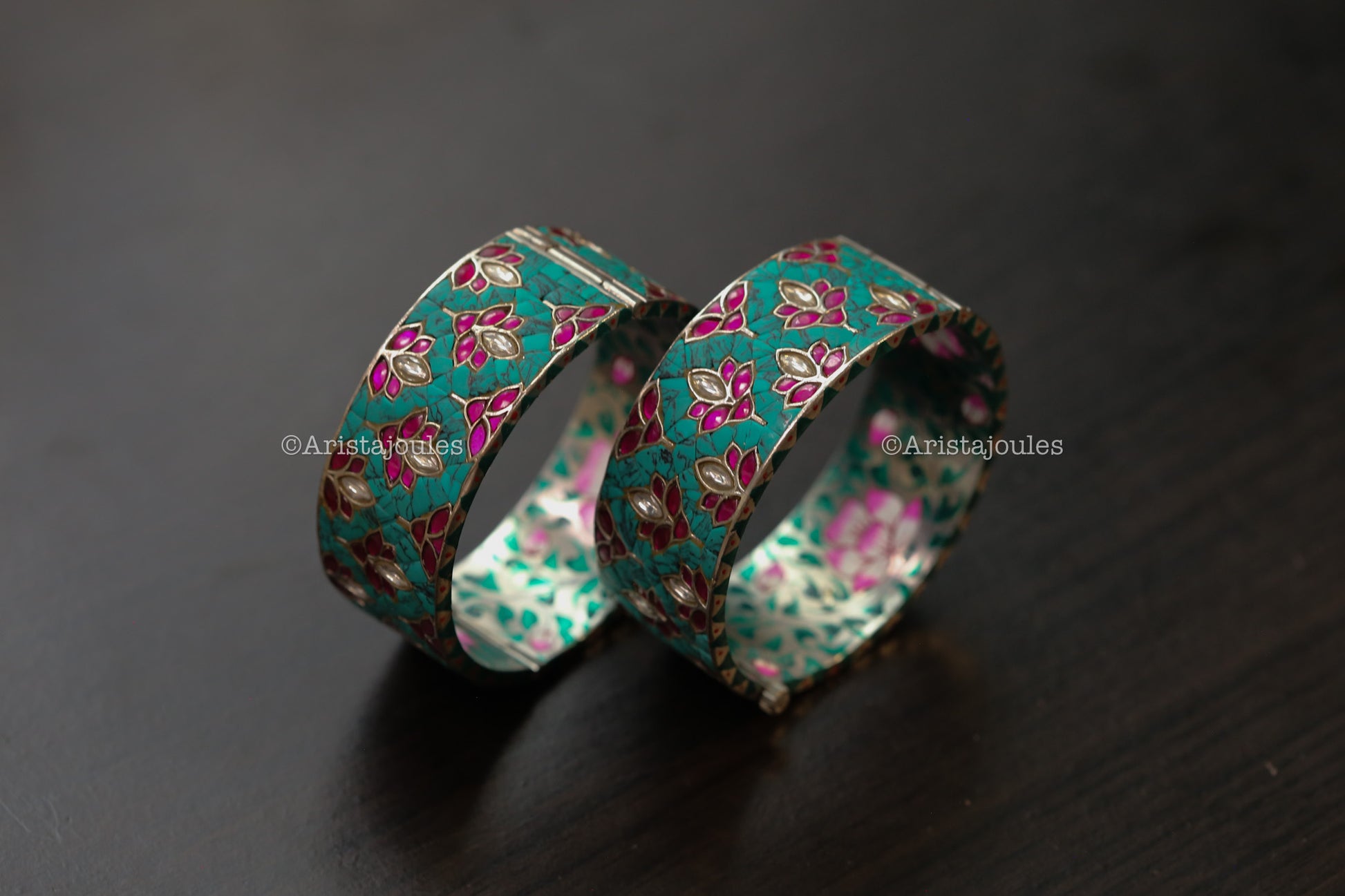 Zeenat Takkar Kundan Bangle Set (Openable) - Turquoise Silver