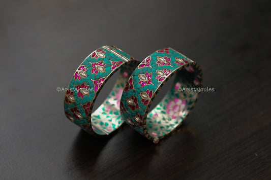 Zeenat Takkar Kundan Bangle Set (Openable) - Turquoise Silver