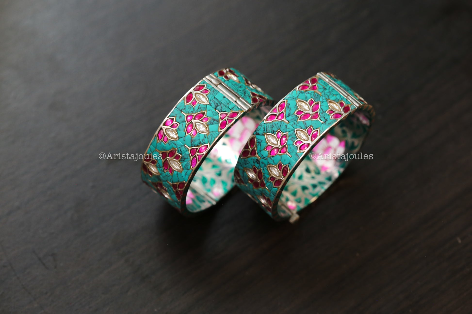 Zeenat Takkar Kundan Bangle Set (Openable) - Turquoise Silver