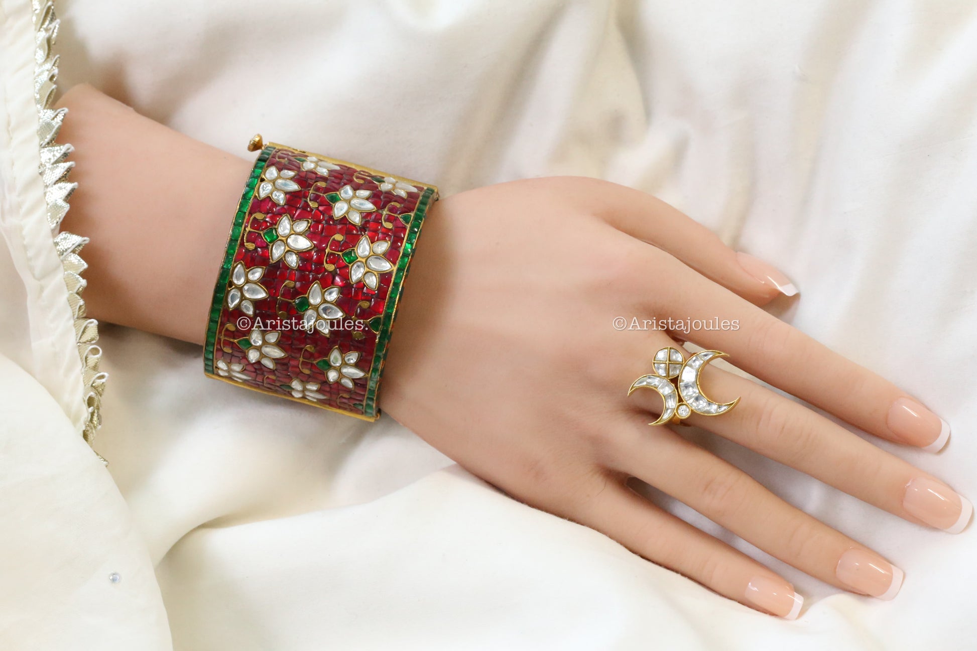 Premium Zara Takkar Kundan Cuff Bangle - Red