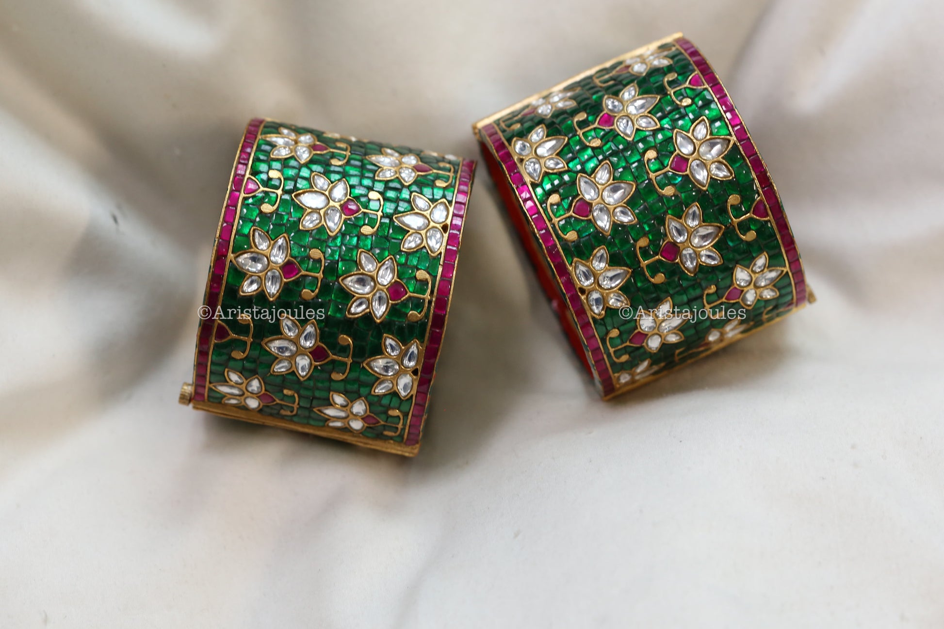 Premium Zara Takkar Kundan Cuff Bangle - Green