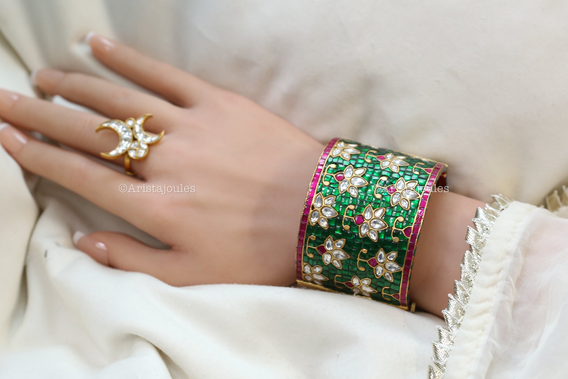 Premium Zara Takkar Kundan Cuff Bangle - Green
