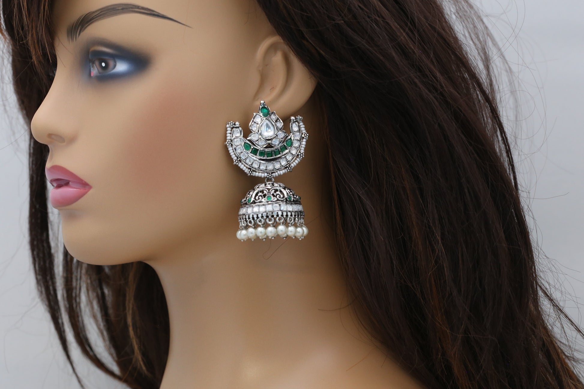 Silver Plated Real Moissanite Jhumka - Green