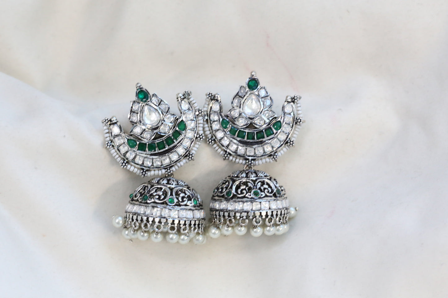 Silver Plated Real Moissanite Jhumka - Green