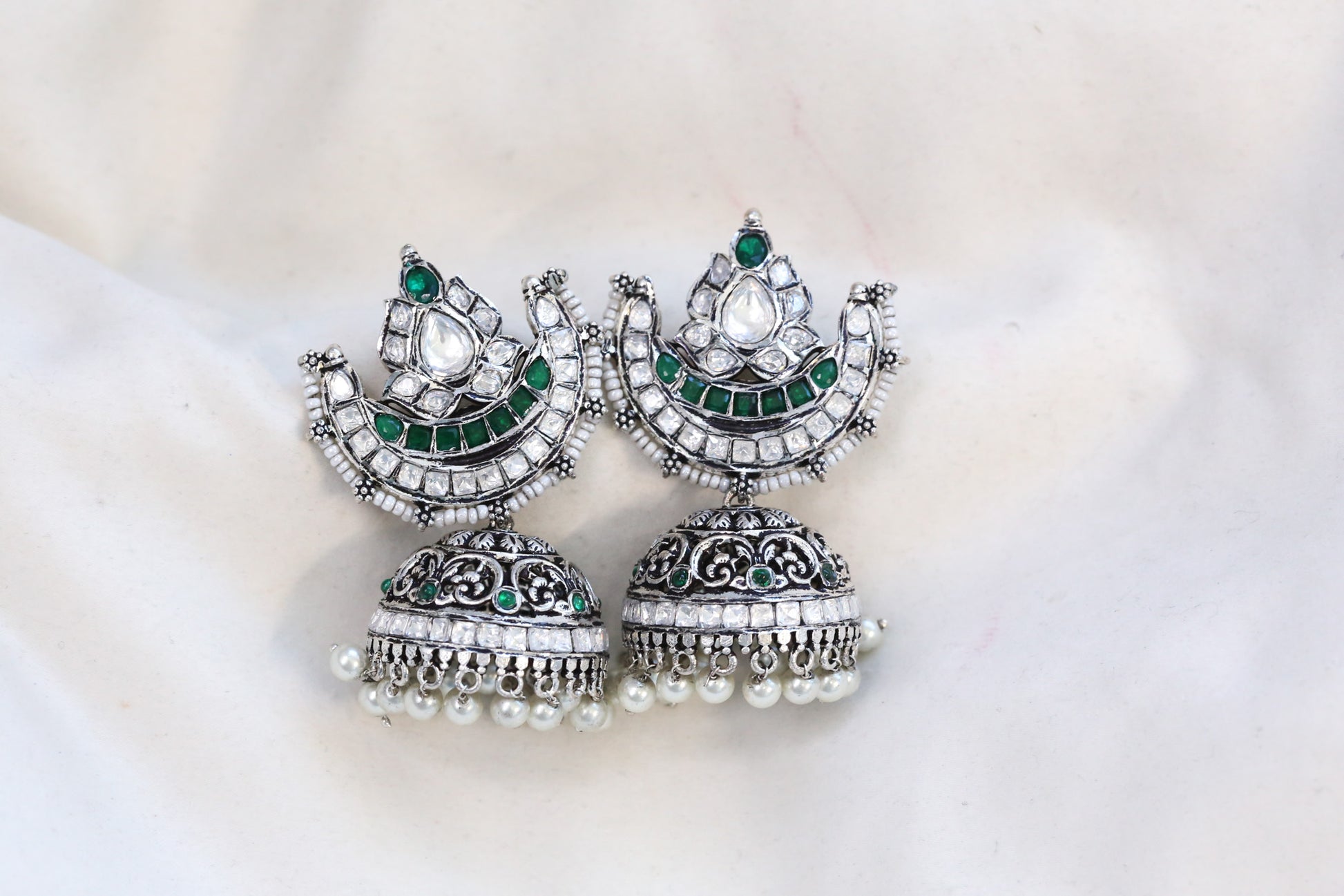 Silver Plated Real Moissanite Jhumka - Green