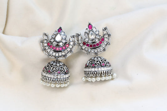 Silver Plated Real Moissanite Jhumka - Ruby
