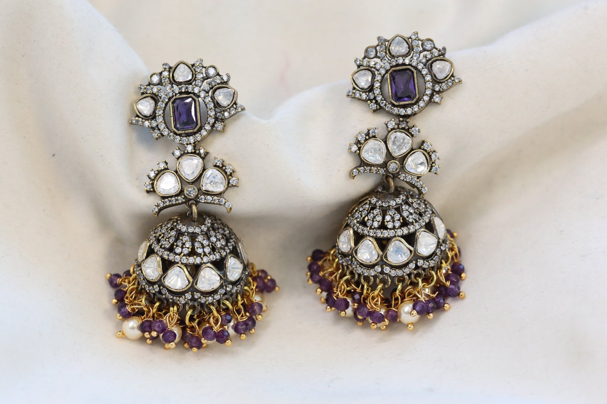 Victorian Mehndi Polish Moissanite CZ Jhumka - Purple