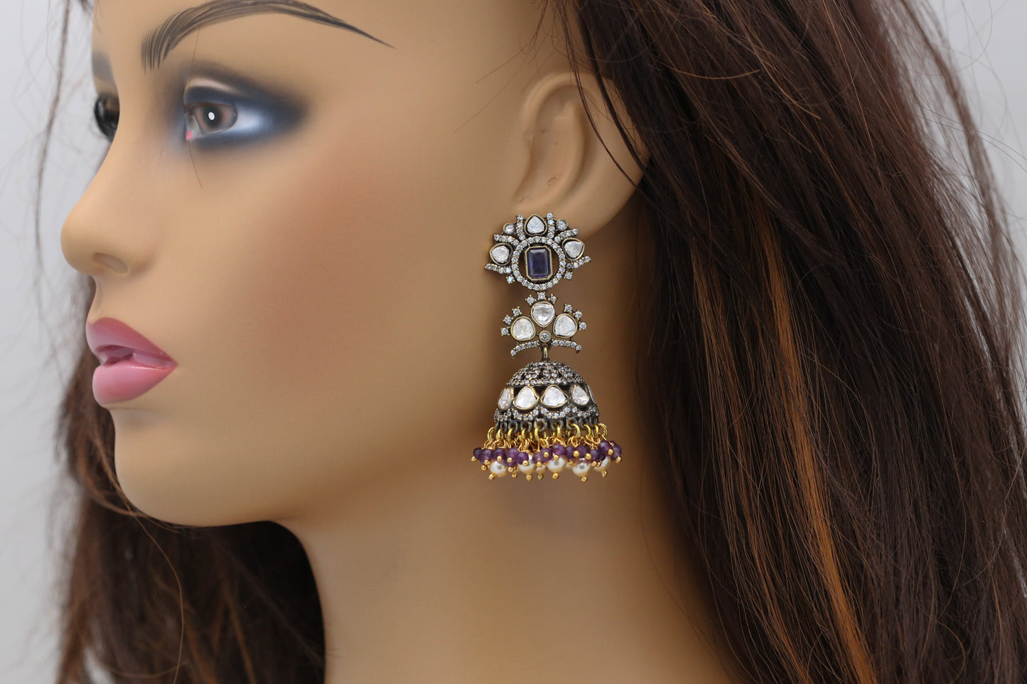 Victorian Mehndi Polish Moissanite CZ Jhumka - Purple